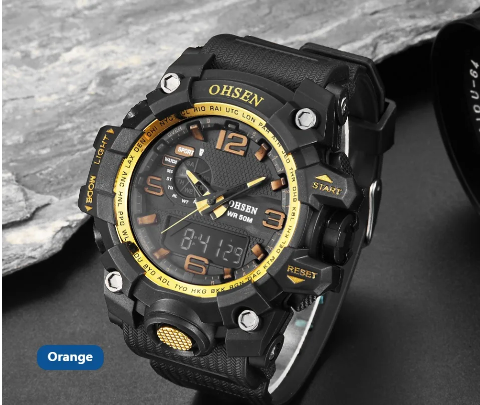 Новинка OHSEN модные золотые Цифровые кварцевые мужские наручные часы Relogio Masculino силиконовый ремешок 50 м водонепроницаемые ЖК-спортивные часы Подарки