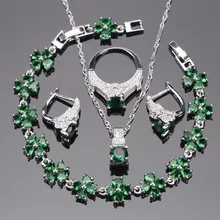 Зеленый Цирконий 925 пробы Серебряные наборы свадебных ювелирных изделий серьги для женщин браслет кулон кольцо ожерелье набор ювелирных изделий Подарочная коробка