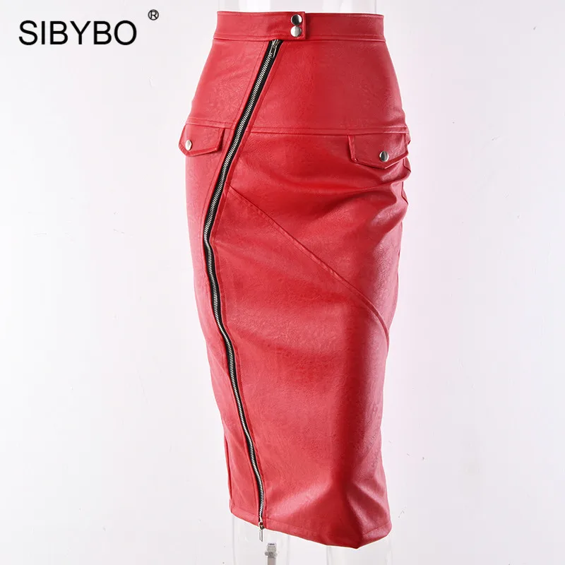 Sibybo, сексуальные женские юбки из искусственной кожи с высокой талией, осенняя Женская юбка-карандаш с застежкой-молнией и пуговицами, зимняя повседневная женская юбка