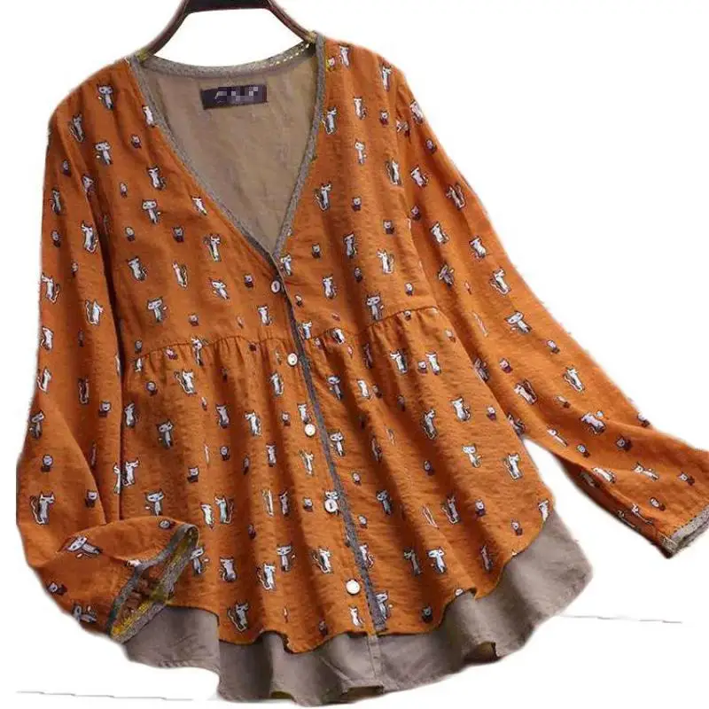 Women Blouses Shirts Print Cotton Flax Long Sleeve Blouse Loose Women's Tops New Arrival 2020 Spring Autumn Casual Female Shirt | Женская