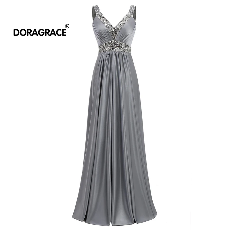 

Doragrace robe de soiree A-Line Floor-Length V-Neck Lace-Up Long Evening Dresses Beaded Formal Evening Gowns