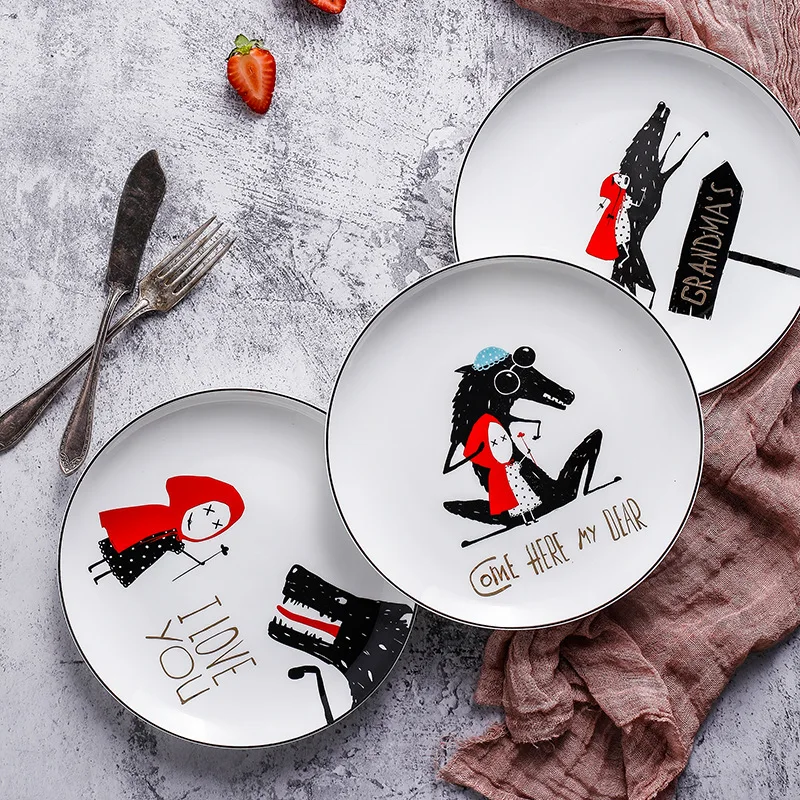 Tanie 8 cal czarny krawędzi z porcelany kostnej 1 sztuk płyta ceramiczna małe czerwone kapelusz płyta zastawa stołowa zestaw obiadowy patelnia do steków Dim Sum płytkie talerze