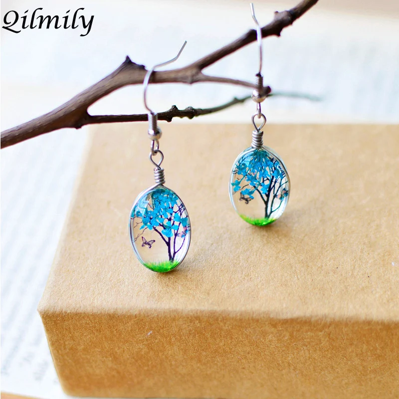 

Clear Glass Floating Lockets Dried Flower Tree of Life Drop Earrings for Women Girls Hanging Dangle Butterfly Jewelry Gifts Hot