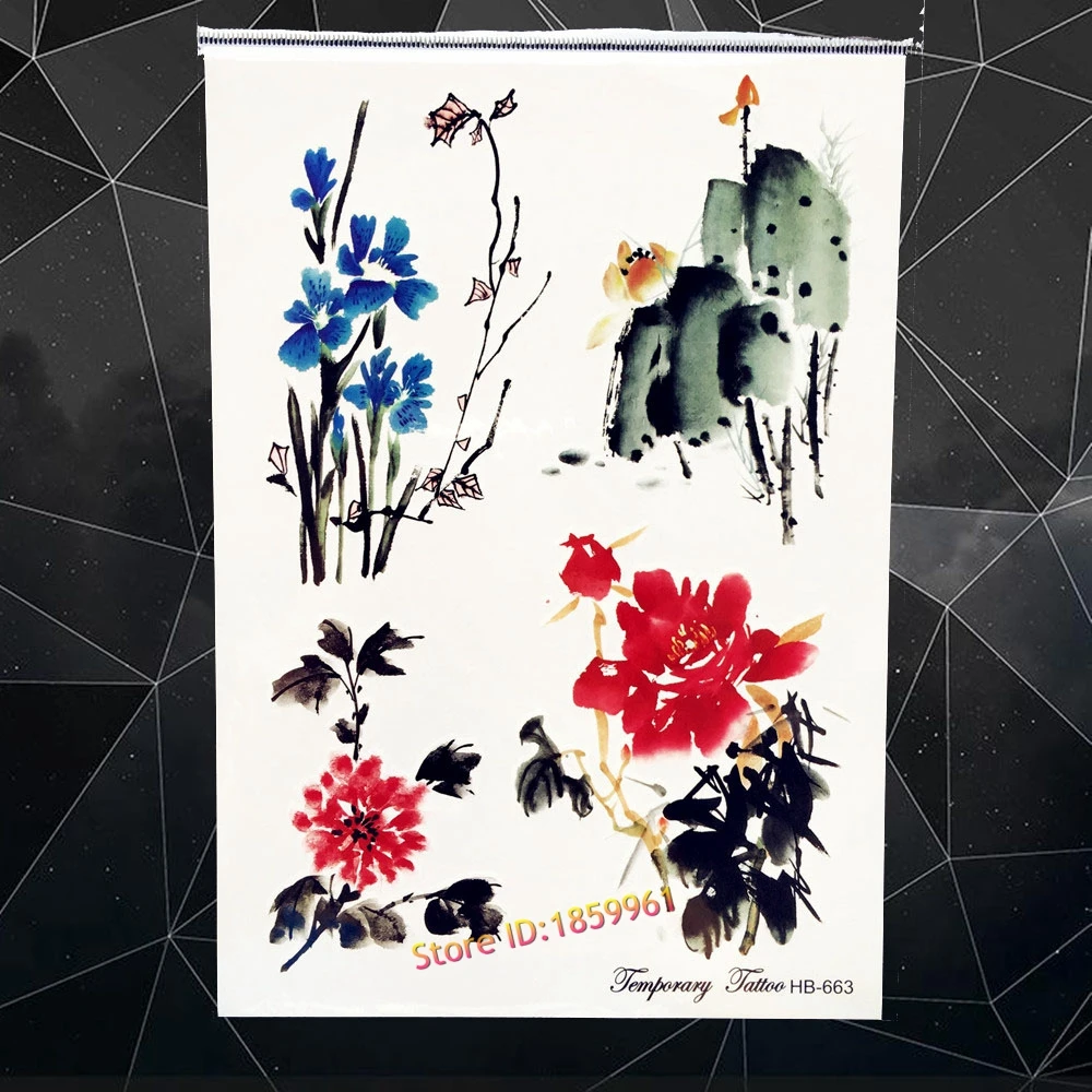 Chinese Flower Landscape Painting Temporary Tattoo Stickers Women Body Art  Arm Shoulder Tattoo Paste High Quality 21x15CM|sticker vinyl|stickers  6paste bag - AliExpress