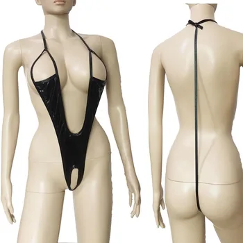 Sexy Metallic Shiny Cupless One Piece Bikini Microkini Open Crotch Swimsuit Halter Leotard Bodysuit Hot Women Lingerie sexy opensuit one piece swimsuit temptation woman erotic lingerie halter dark buckle swimsuit uniform sexy lingerie one piece