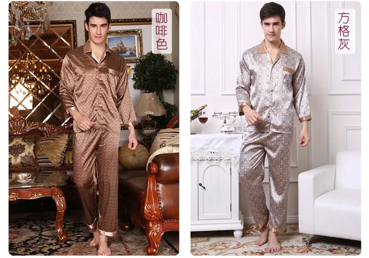 mens satin pajama set Men's Long Sleeve Silk Homewear Male Spring Summer Long Sleeves Pyjamas Lapel Handsome Luxurious Silk Nightwear 2pcs D-2183 soft cotton pyjamas