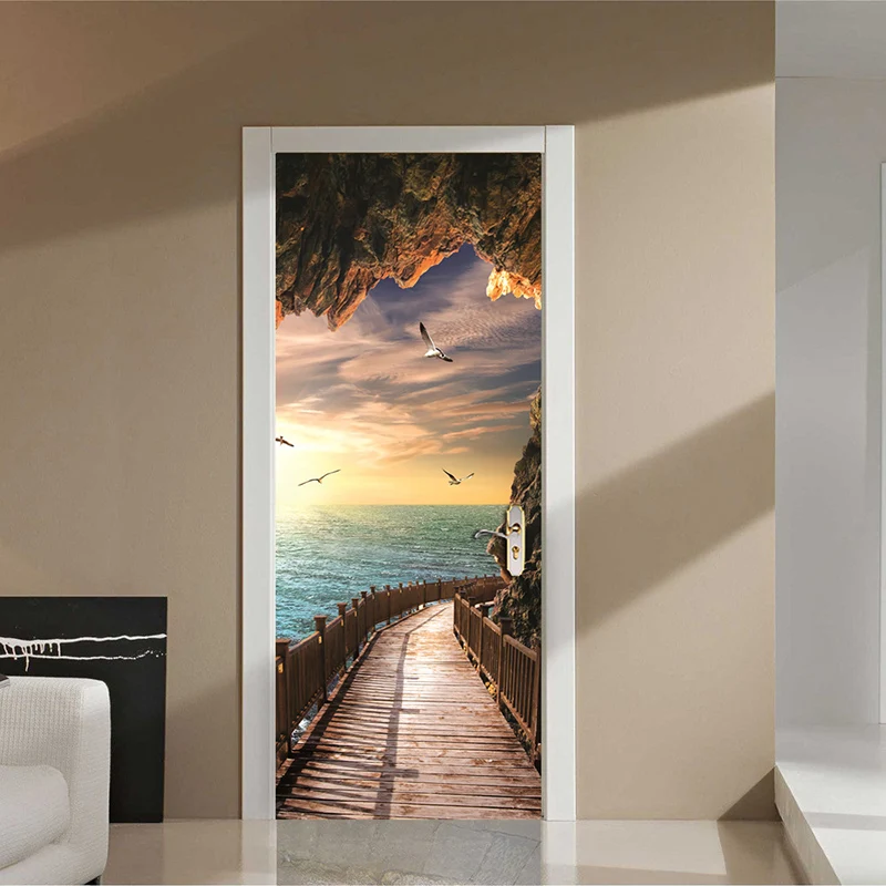 Cave Wooden Bridge Sunrise Seascape 3D Door Sticker Mural Wallpaper Living Room Bedroom PVC Waterproof Door Stickers Home Decor