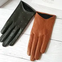Женские перчатки из натуральной овчины на весну и осень, женские перчатки из натуральной кожи в стиле панк с заклепками, мотоциклетные перчатки для вождения R755