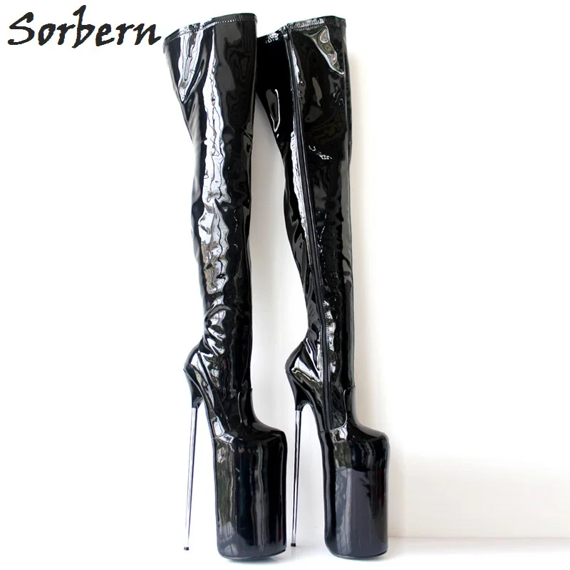 Sorbern/белые блестящие высокие сапоги до середины бедра женские сапоги на металлическом серебристом каблуке 30 см, на заказ, ширина голенища, женские сапоги пикантные Фетиш на высоком каблуке