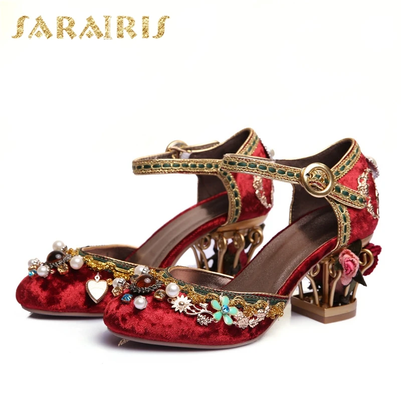 SARAIRIS/ г. летние женские бархатные сандалии на высоком каблуке, большие размеры 34-43 женские свадебные туфли для вечеринки