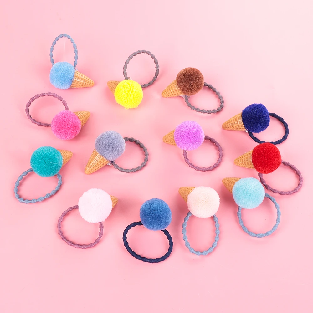 Girls Ice Cream Fluffy Pompom Elastic Hair Ties Seamless Ponytail Holder Rope