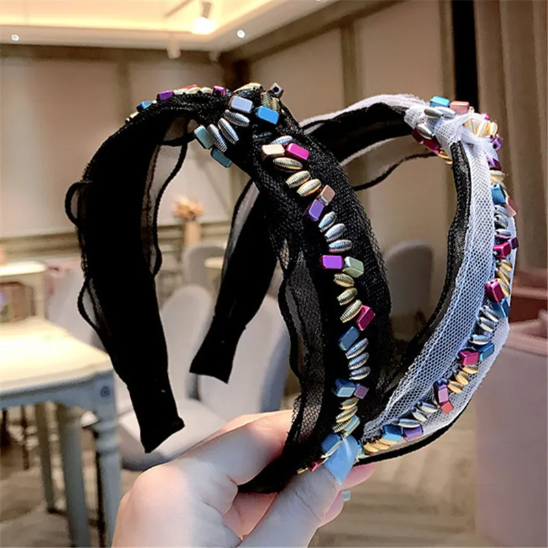

Colored stones Knot Headbands For Women Patchwork Headband Korea Hair Accessories Hair Band Crown Lace Hairbands Head Wrap