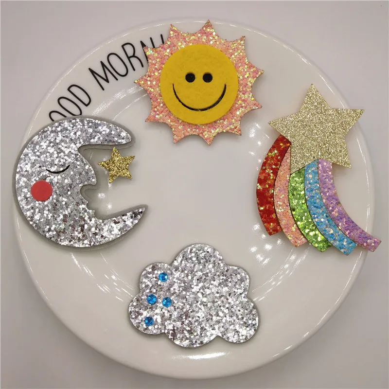

Wholesale 40pcs/lot Shiny Sun/Moon/Star Cloud Shape Padded Appliques For Clothes Sewing Supplies DIY Craft Decoration