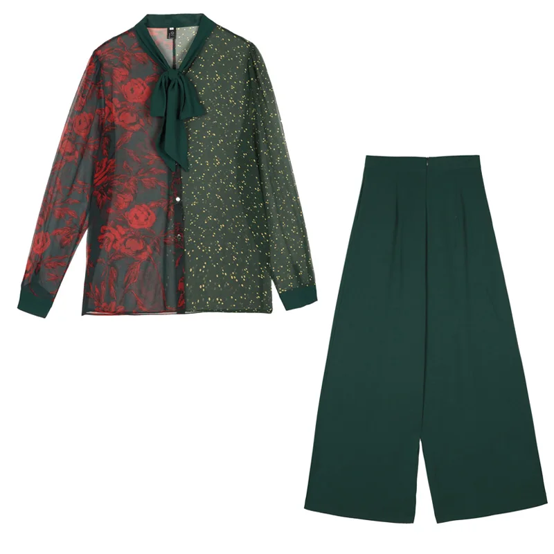 Осенний Женский комплект из двух предметов, элегантный шифоновый топ Блузка с длинными рукавами, рубашка и широкие брюки, брючный костюм