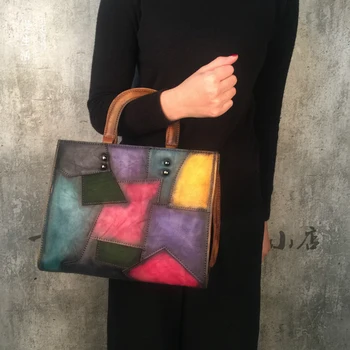 

Patchwork Genuine Leather Bag Lady Vintage Retro Chic Big Capacity Handbag 2019 Fashion Designer Luxury Crossbody Bag for Women