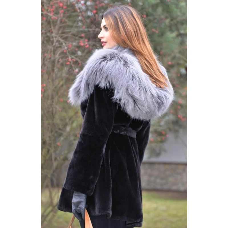 Slim Winter Tops Real Fur From Nature Rex Rabbit Fur Coat Overcoats With Silver Fox Hood Oversized Red Fox Jacket For Women 2018
