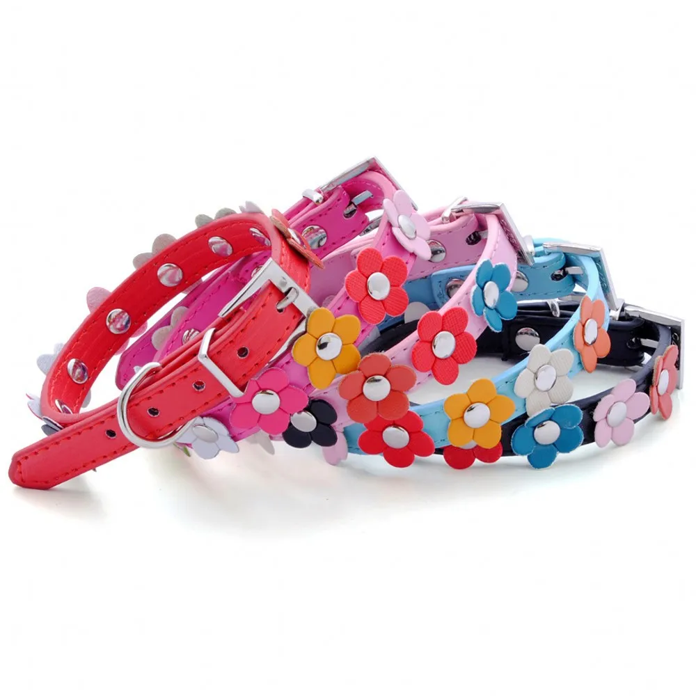 Cute Dog Collar For Pet Floral Leash PU Leather Necklace Small Dogs