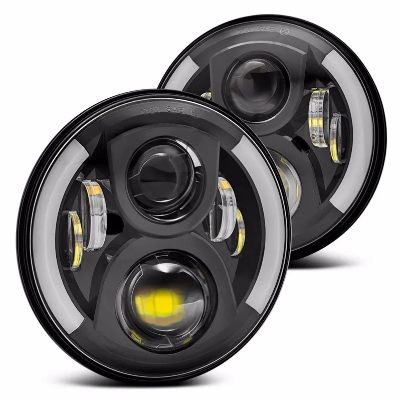 Round Black LED Projector Headlights with Switchback Halo