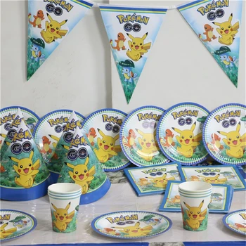 

93pcs/lot family party pokemon go pikachu theme 91pcs for boy's happy birthday party set supplies decoration baby shower favor