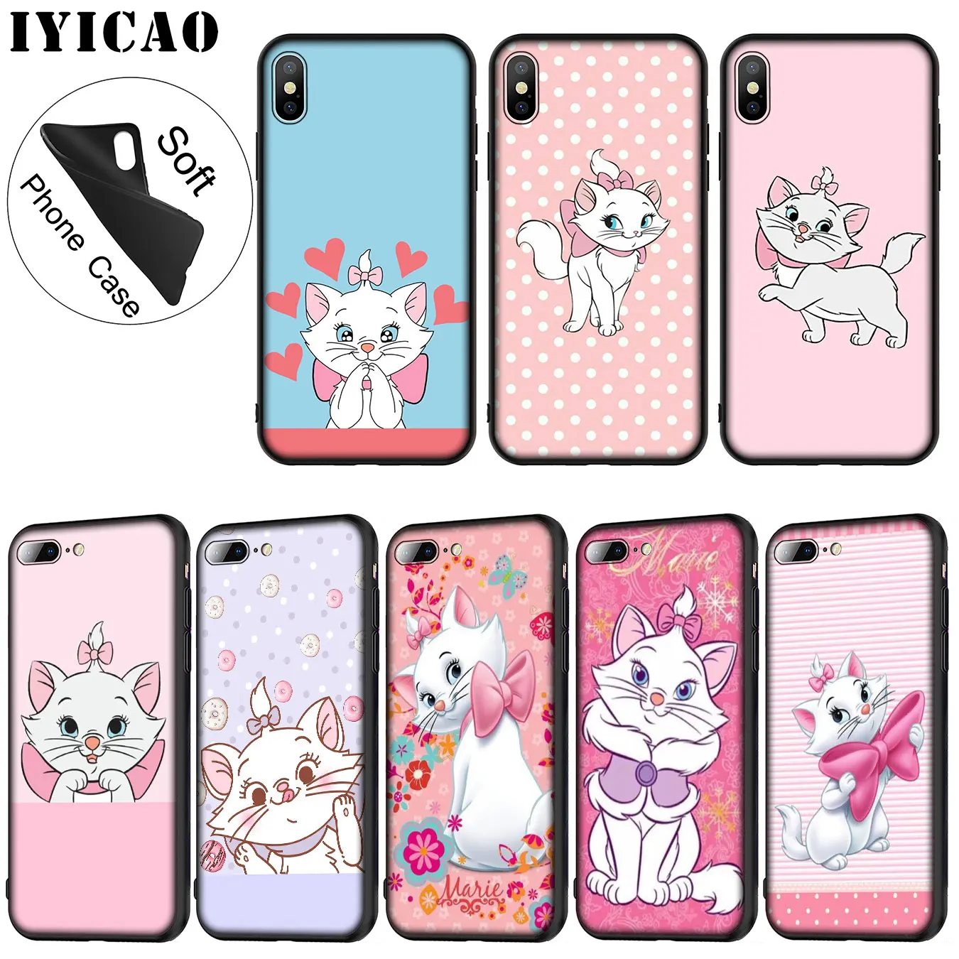 IYICAO Marie aristocrats cat Soft Silicone Phone Case for iPhone XR X XS 11 Pro Max 6 6S 7 8 Plus 5 5S SE 10 TPU Black Cover |