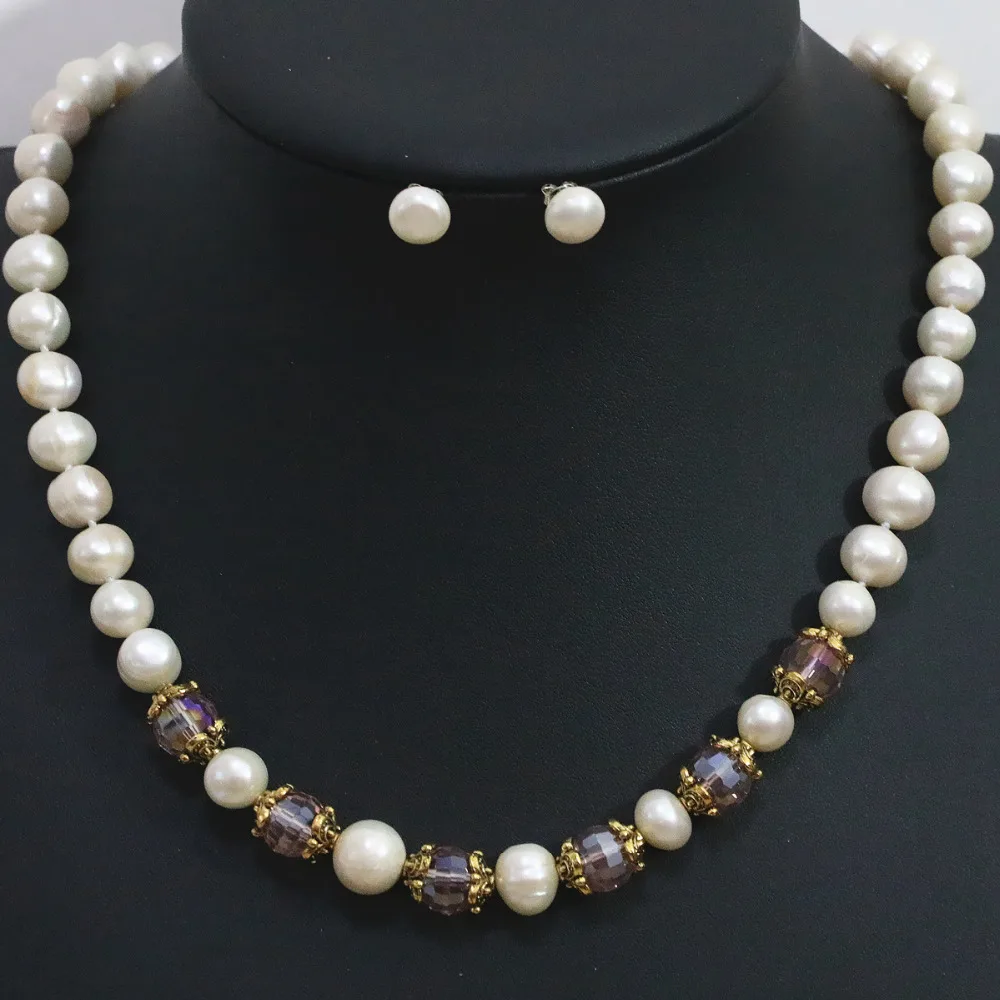 Spacer natural white freshwater 9-10mm round pearl necklace earrings set crystal beads elegant women jewelry 20inch B1424