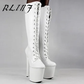 

RLINF Super High Heels 20cm High Water Platform Sexy Front Belt Stage Performance PU High Tube Rider Boots