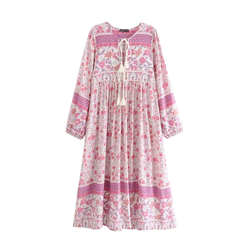 

GYPSY Boho Chic Summer Vintage Floral Print Pleated Dress Women Fashion Lantern Sleeve Lace Up Tassel Beach Dresses Vestidos