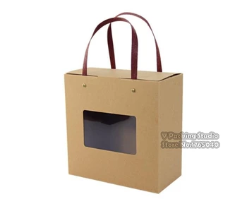 

Kraft Candy Fruit Packing Paper Box With Handle,clear PVC Window box Stand Up Gift Craft Package Paperboard Boxes Window