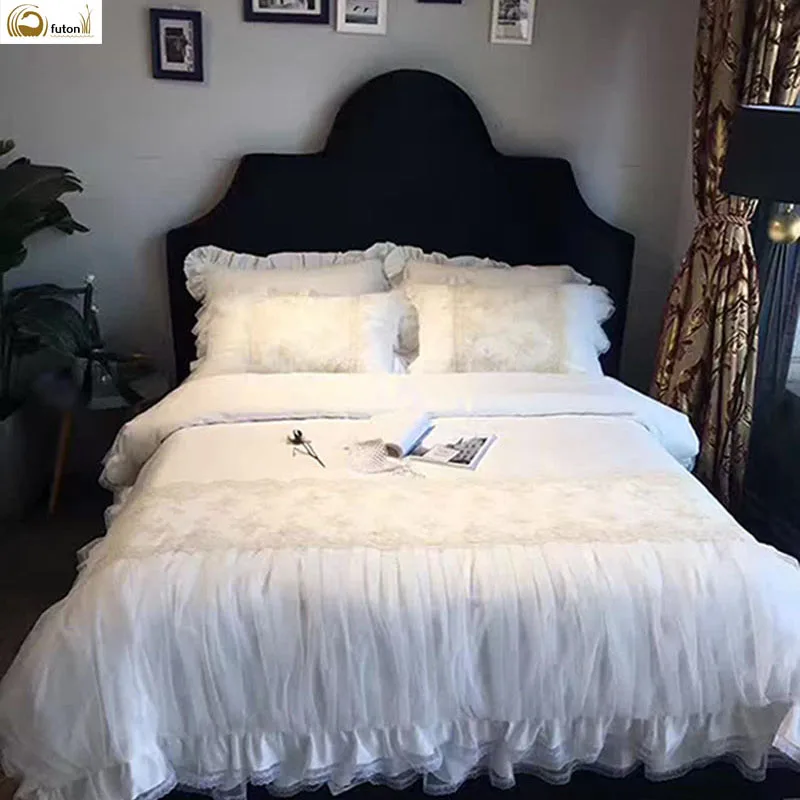 White enbroidered lace satin weave long stapled cotton bedding set with