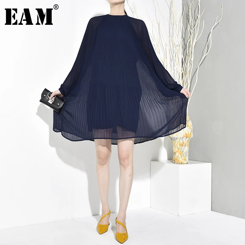 

[EAM] 2019 New Spring Autumn Round Neck Long Sleeve Chiffon Pleated Thin Loose Big Size Dress Women Fashion Tide WG6860