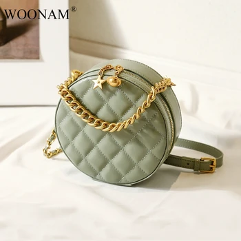 

WOONAM Women Fashion Designer Bag Top Hide Quilted Calf Leather Small Round Satchel Shoulder Cross Body Bag WB938
