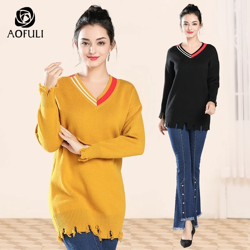 AOFULI chic plus size women knit sweaters batwing long pullover v-neck sleeve knitted tops casual knitwear L- 4XL 5XL A3768 | Женская