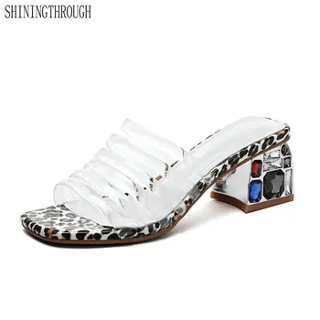 

2019 New slippers crystal Square Heel Elegant High Heels Prom Party Shoes Woman Quality Sequined Cloth Casual Sandals