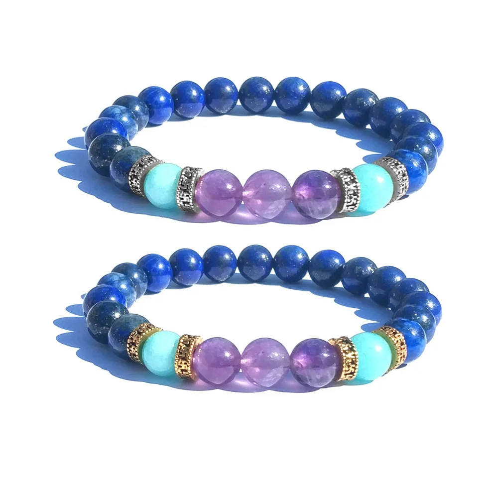

8mm Natural Stone Bracelet Navy Blue Lapis Lazuli Purple Amazonite Stone Bracelet Gold Silver Spacer Bracelets Jewelry