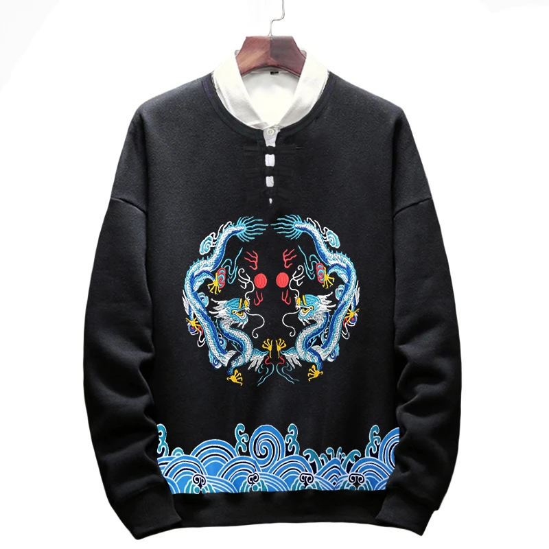 Plus size 2xl 7xl 8xl men Hoodies Embroidery Chinese style autumn outerwear large male v neck