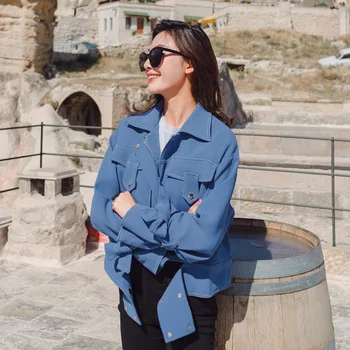 

2019 New European and American Fashion Personality Ladies Short Coat Super Temperament Womens Top Color Blue/Red