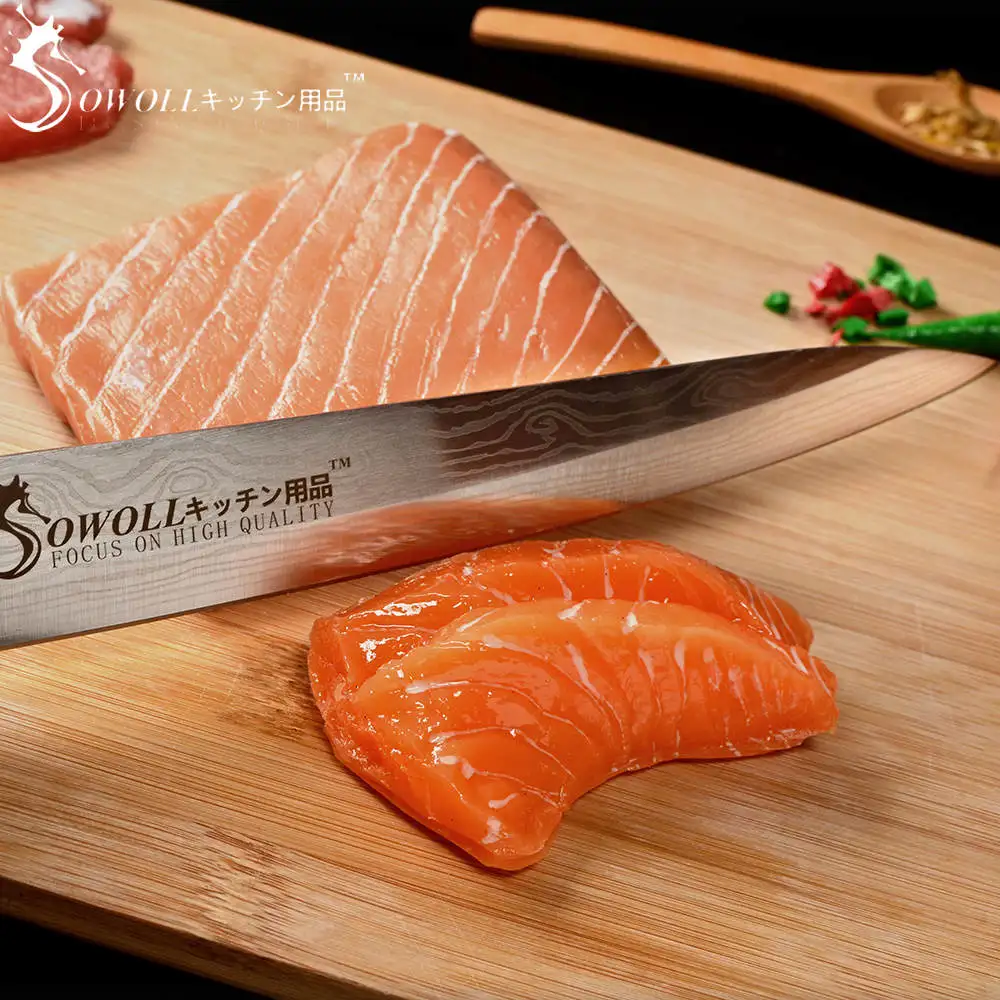 SOWOLL Stainless Steel Sashimi Kitchen Knife Laser Damascus Chef Knife Japanese Salmon Sushi Petty Raw Fish Filleting Knife