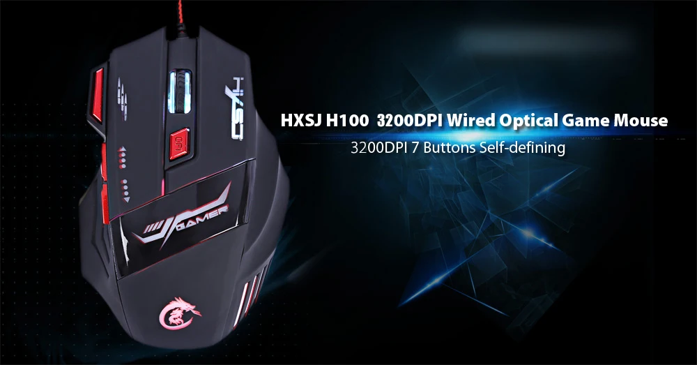 HXSJ H100 3200DPI Wired Optical Game Mouse with LED Light