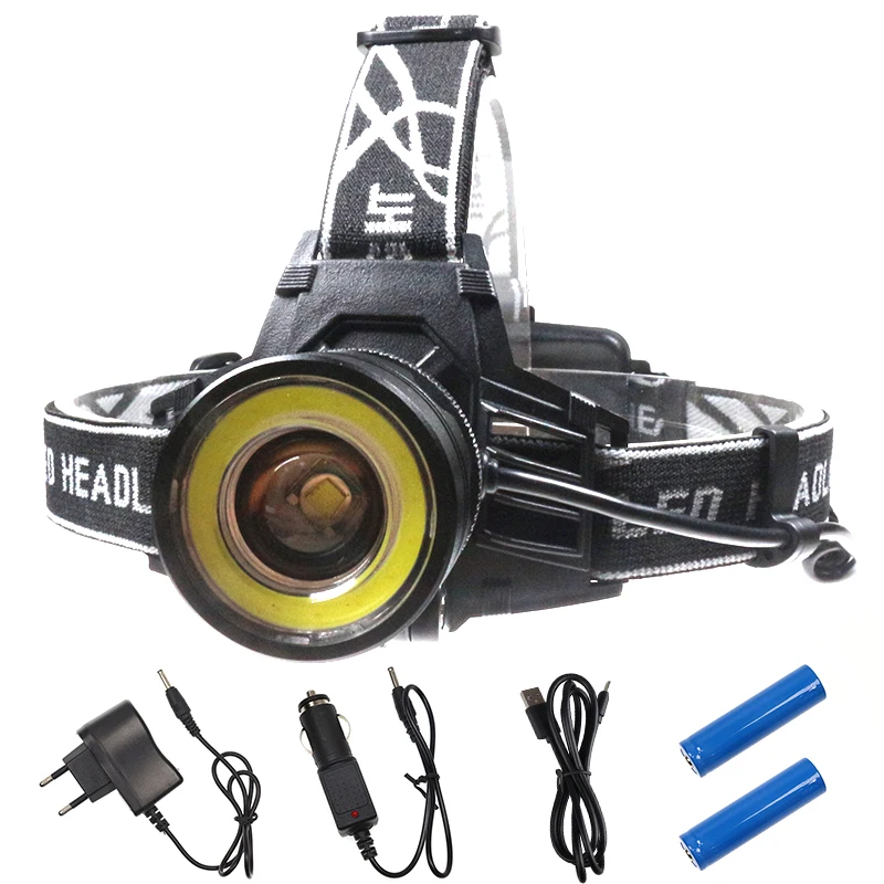 

Super Bright XM-L T6+COB LED Headlamp 10000 Lumens 4 Modes LED Headlights 2x18650 Rechargeable Head Torch Zoom LED Headlamps