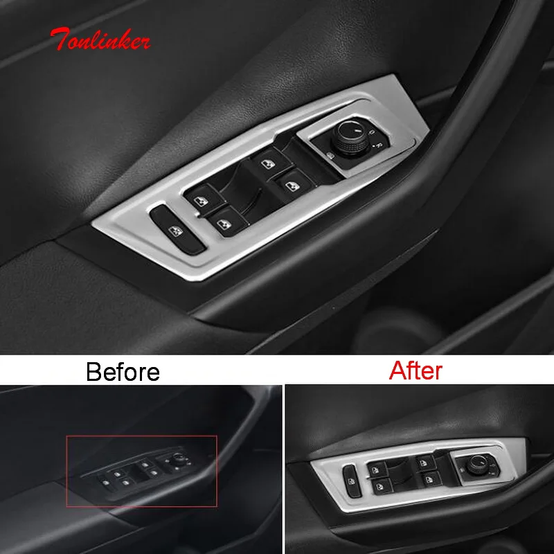 

Tonlinker Interior Windows Control Panel Cover sticker for Volkswagen T-ROC 2018 Car Styling 4 PCS Stainless steel Cover Sticker