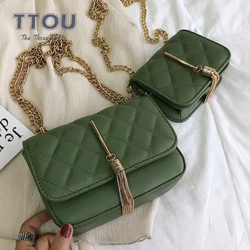 

TTOU Fashion Leather Women Messenger Bag with Tassel Plaid Chain Female Shoulder Bags Small Flap Bag Ladies' Crossbody Bag Sac