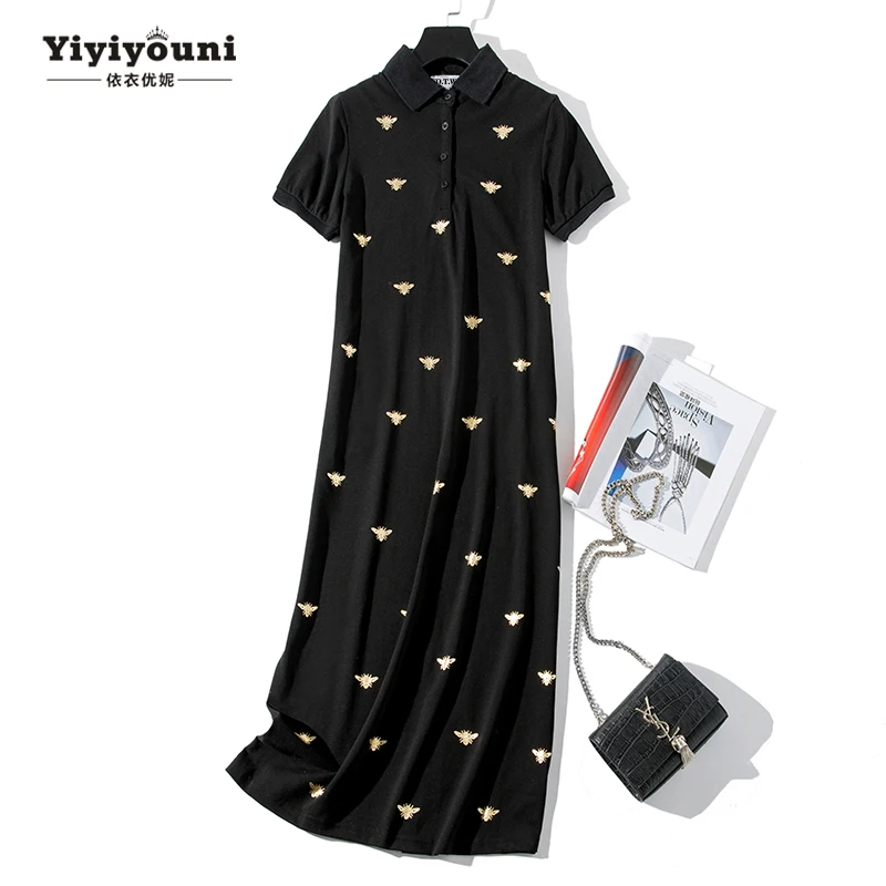 Long Bee Print Turn-down Shirt Dresses Women 2019 Summer Casual Straight Knee-Length Polo Dress Female Pockets Cotton