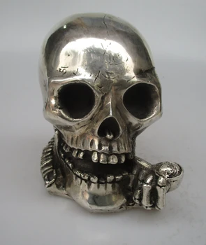 

rui2688 Antique antiques Collectible Decorated Old Handwork Tibet Silver Carved Smoking Skull Statue/ Devil Head Sculpture