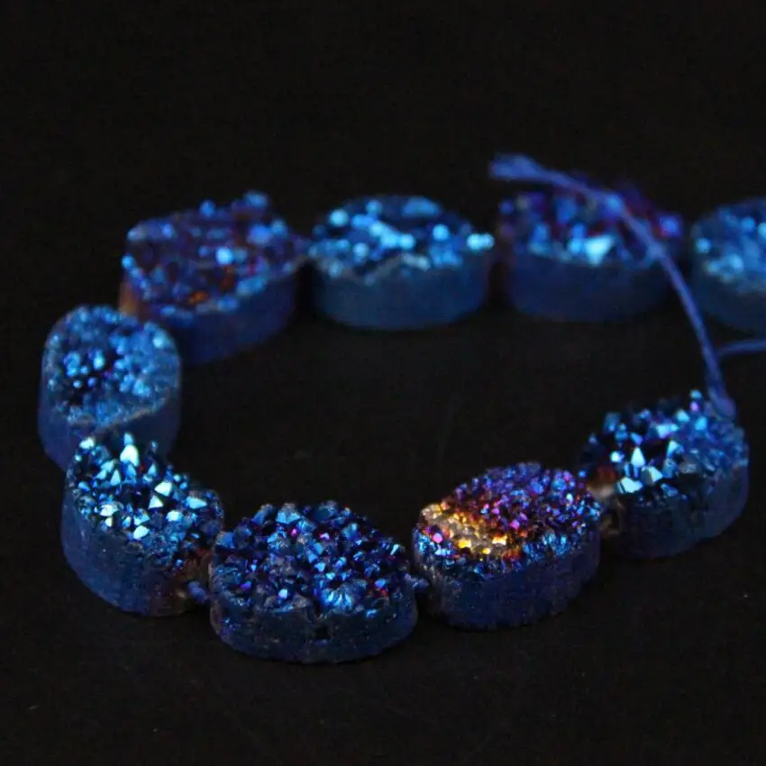 Approx11PCS/strand Blue Titanium Natural Quartz Geode Drusy Oval Slab Nugget Beads,Raw Roug Agates Crystal Druzy Slice Pendants