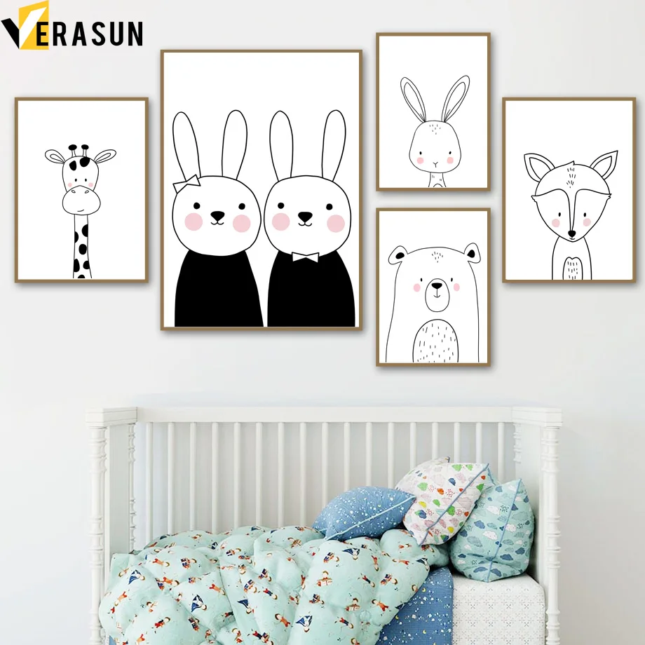 

Black White Giraffe Rabbit Bear Fox Nursery Wall Art Canvas Painting Nordic Posters And Prints Wall Pictures For Kids Room Decor