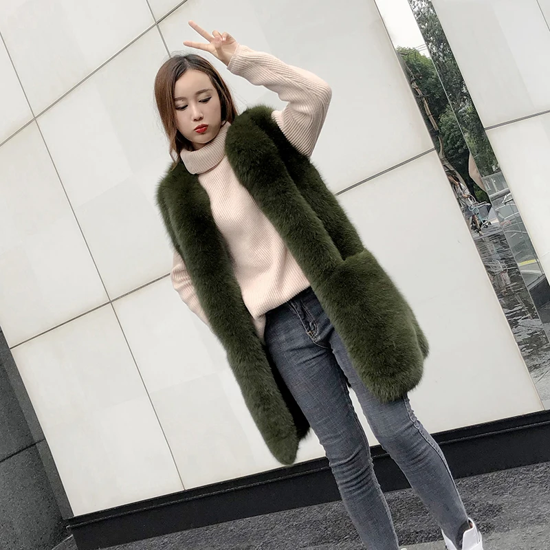 

Women spring autumn winter real fox fur vest o-neck long section big pocket ladies warm waistcoat female