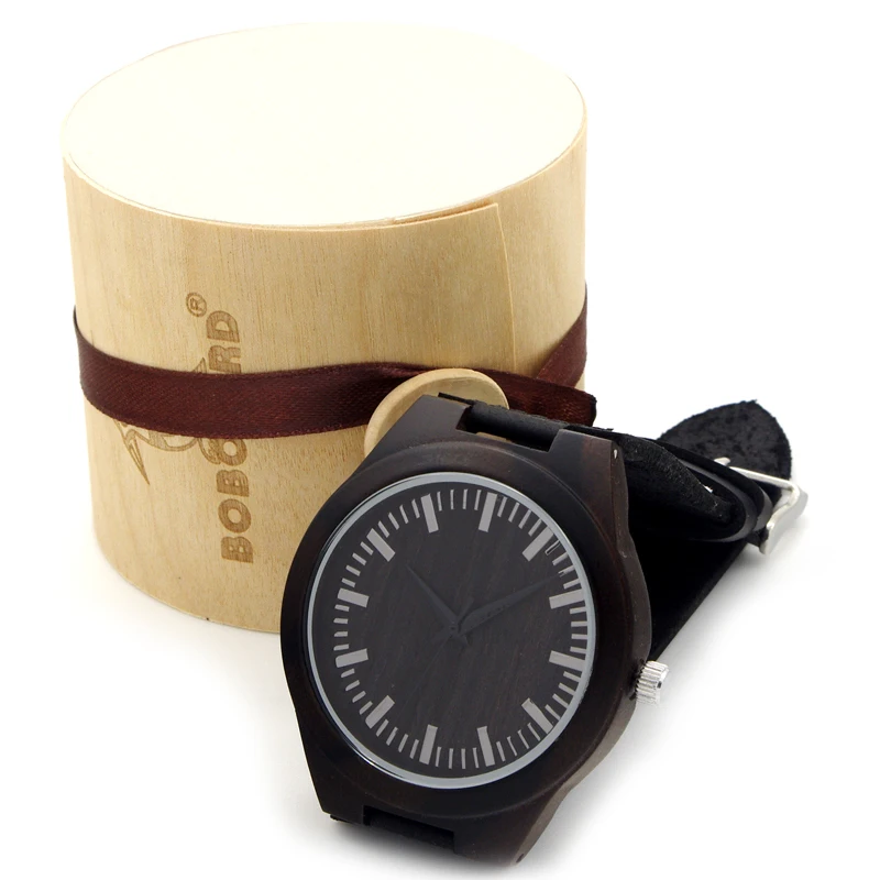 BOBO BIRD V-D26 Mens Black Ebony Wooden Watch Wood Dial Leather Strap Quartz Watches erkek kol saati in Gift Box relojes hombre