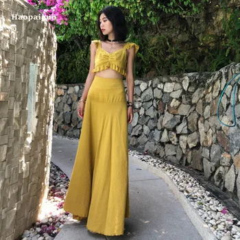 

2 Piece Set 2020 Summer Women Yellow Sleeveless Ruffles Beach Party Top and Ankle-length Bohemian Casual Skirt Two Piece Set