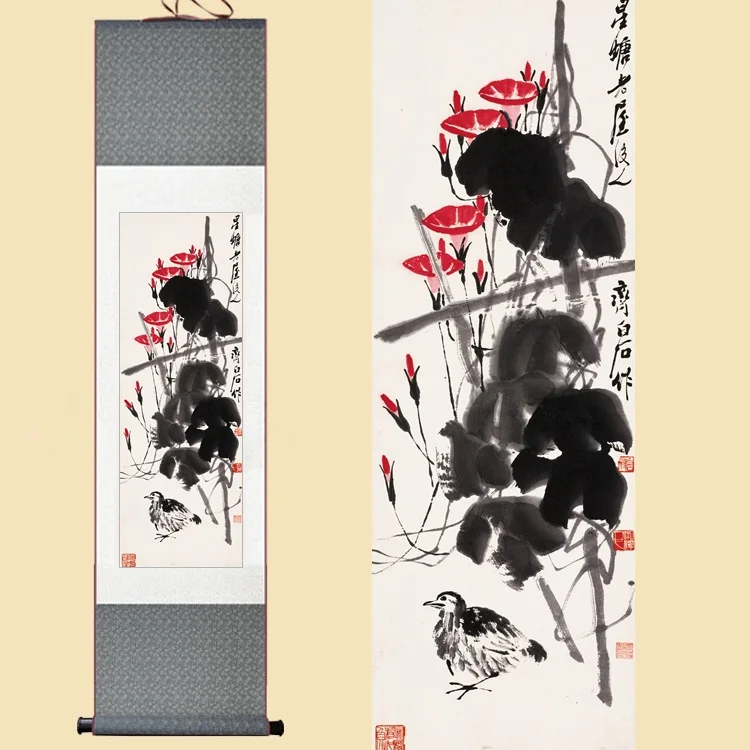 

Chinese Silk Watercolor Qi Baishi bird Morning Glory Petunia feng shui ink art wall picture damask framed scroll canvas painting