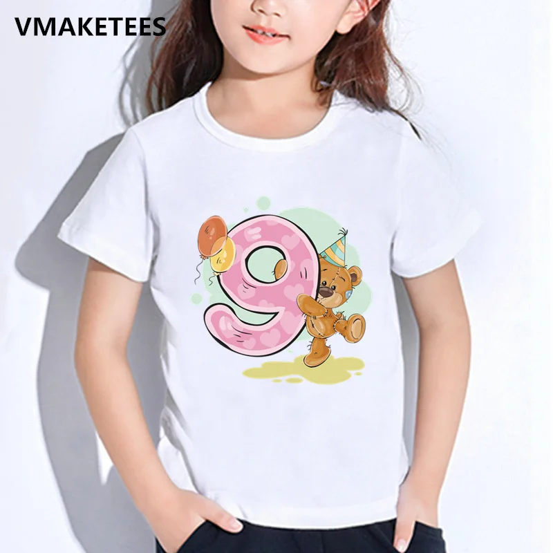 Футболка для мальчиков и девочек, детская футболка с принтом медведя на день рождения, с цифрой 1-9 и бантом, забавная одежда с изображением Винни для малышей на день рождения, HKP5237 - Цвет: HKP5237I